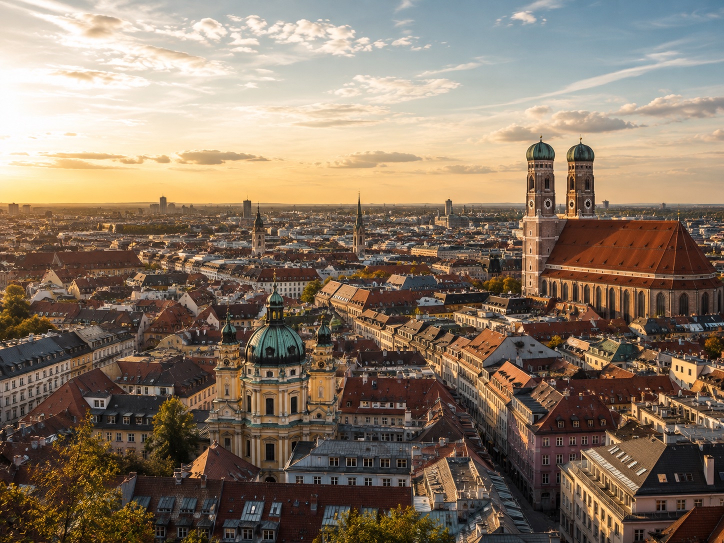 Panorama dachów monachijskiej starówki z wieżami kościołów