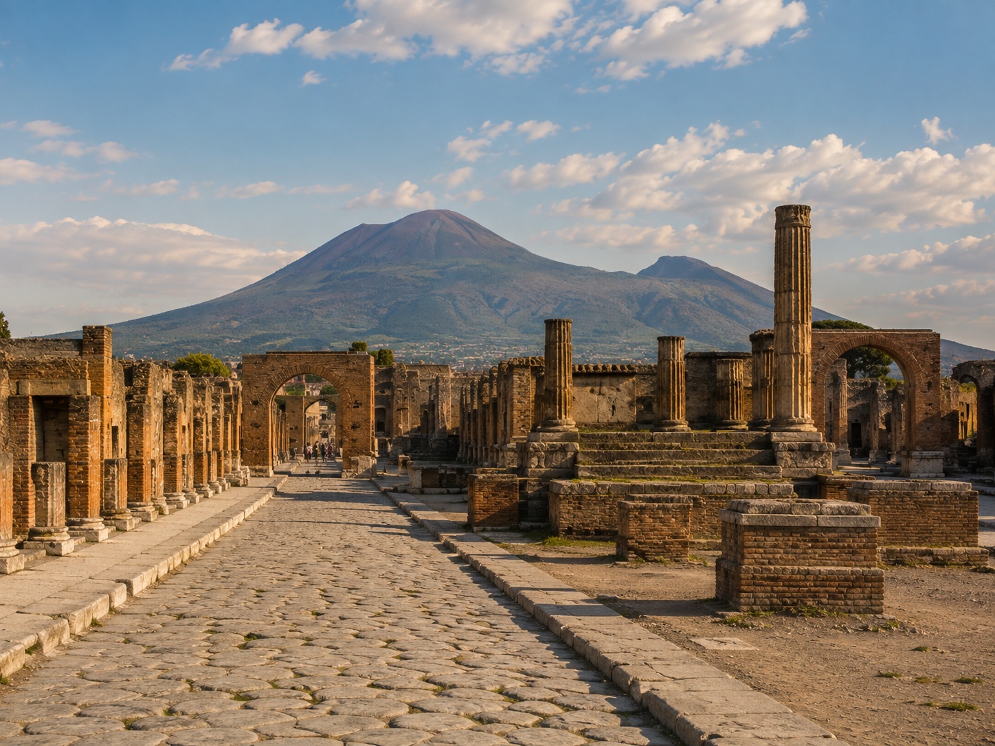 Forum w Pompejach z kolumnadą i Wezuwiuszem w tle