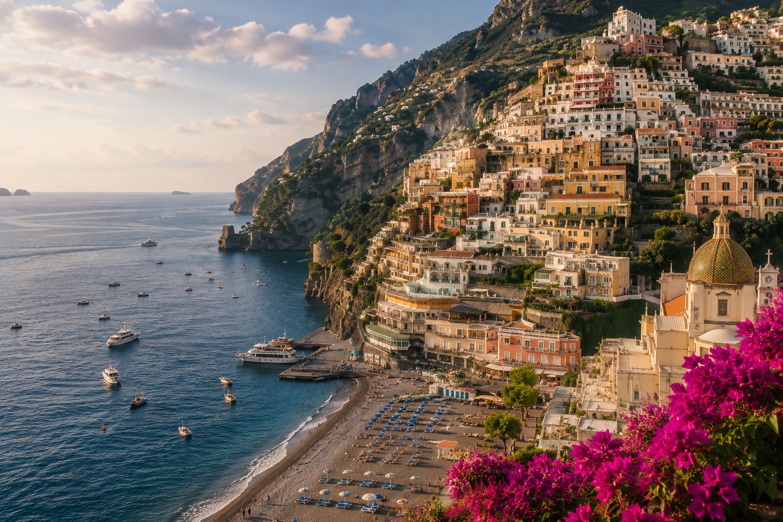 Kaskadowa zabudowa Positano schodząca stromo do morza