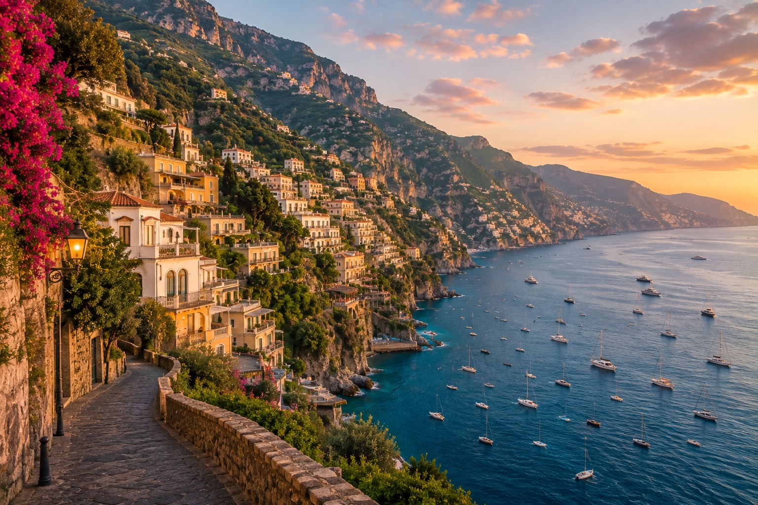 Plaża w Positano z parasolami i miasteczkiem wspinającym się po zboczu
